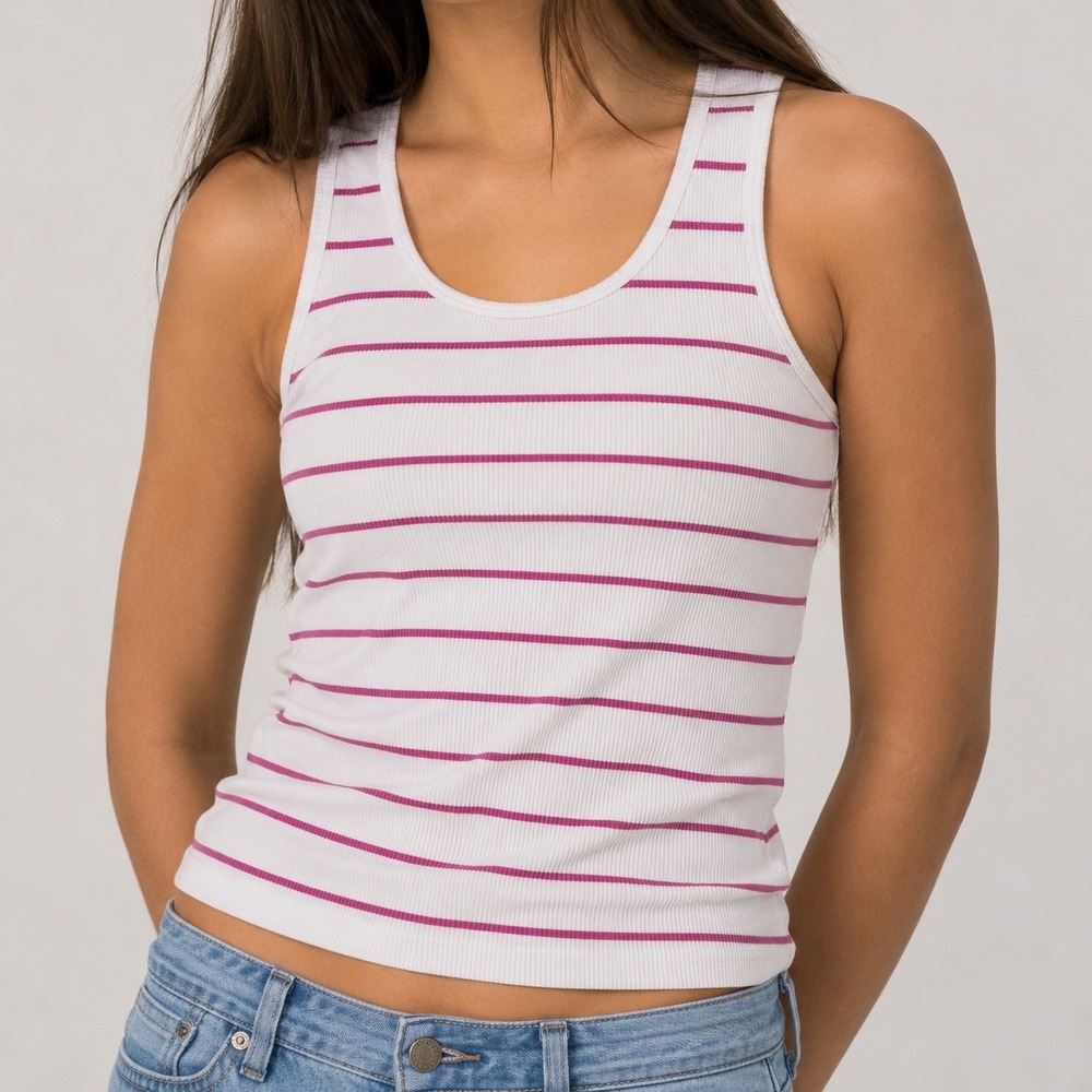 Revival Women S White Pink Striped Ribbed Cropped Tank Top Built In Shelf Bra SM